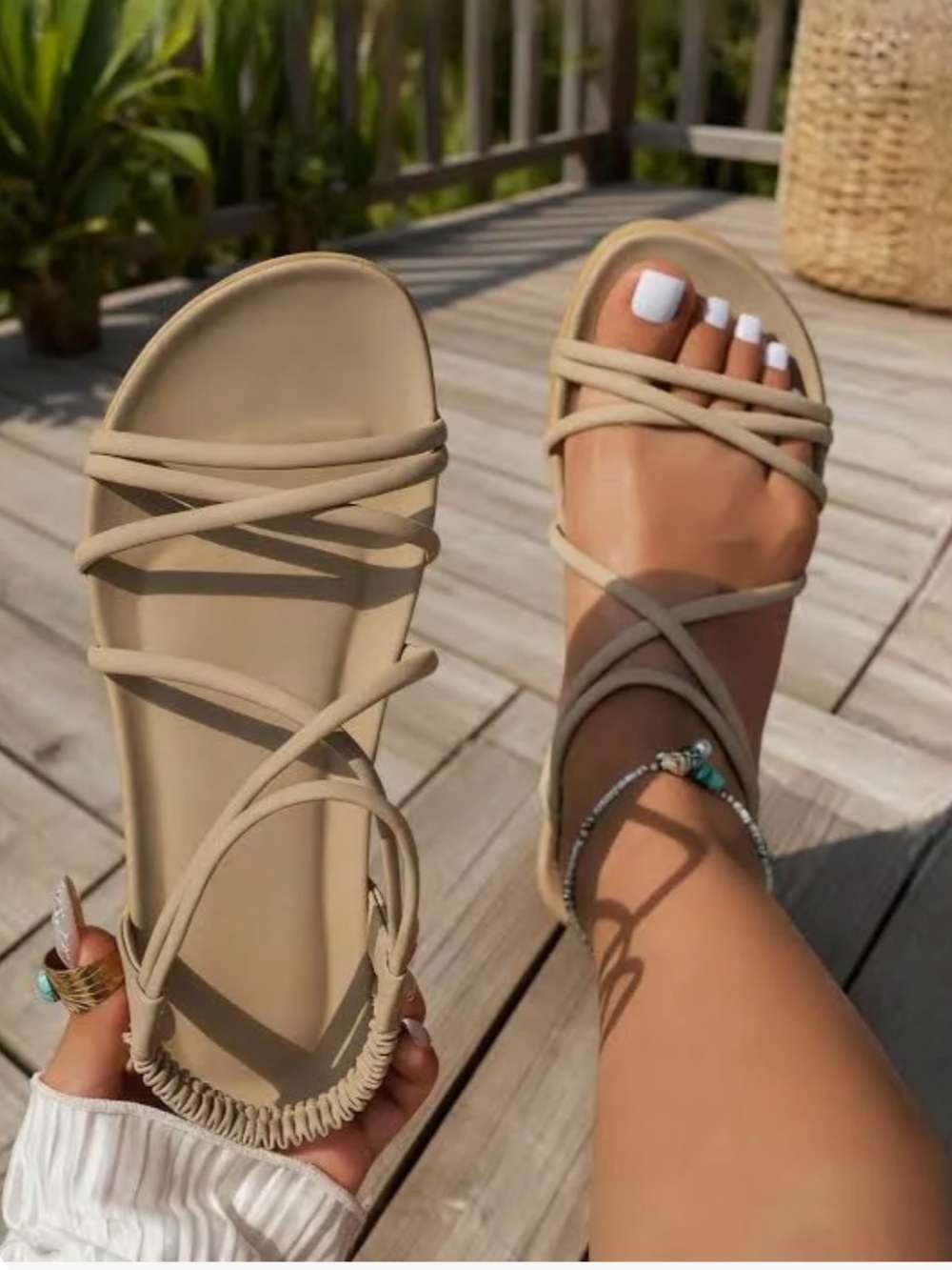 Women’s Tan Strappy Flat Sandals with Elastic Back - Picture 7 of 9